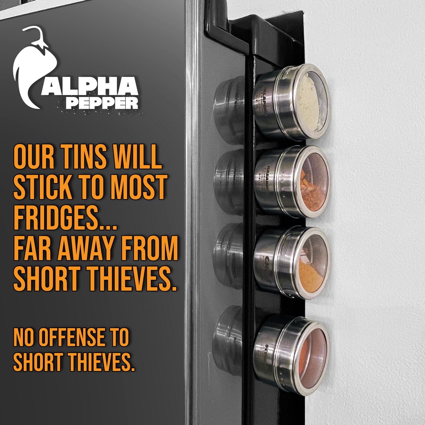 Alpha Pepper Tins using a magnet to stick to refridgerator
