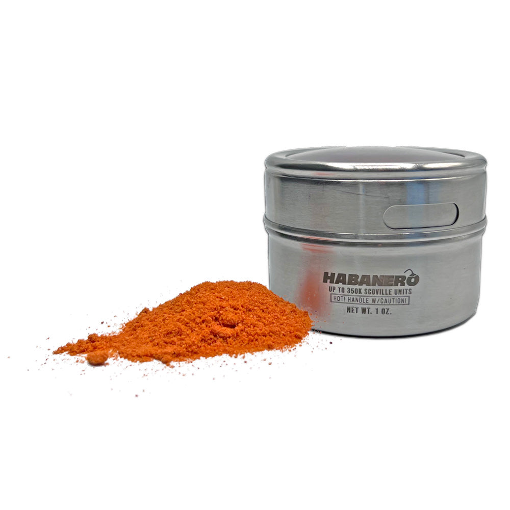 Habanero Pepper Powder outside of Alpha Pepper Tin