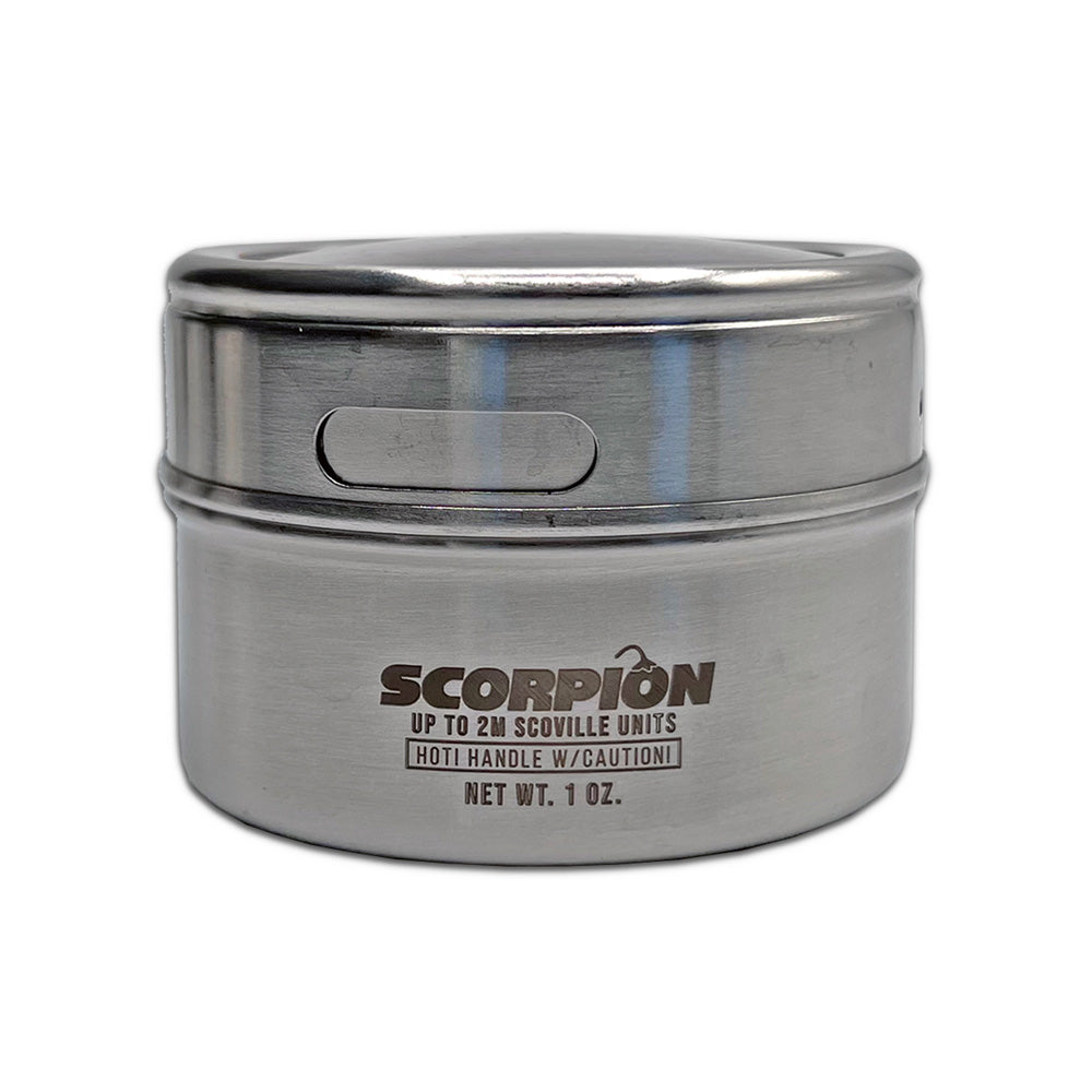 Alpha Pepper Scorpion Pepper Tin showing larger opening port