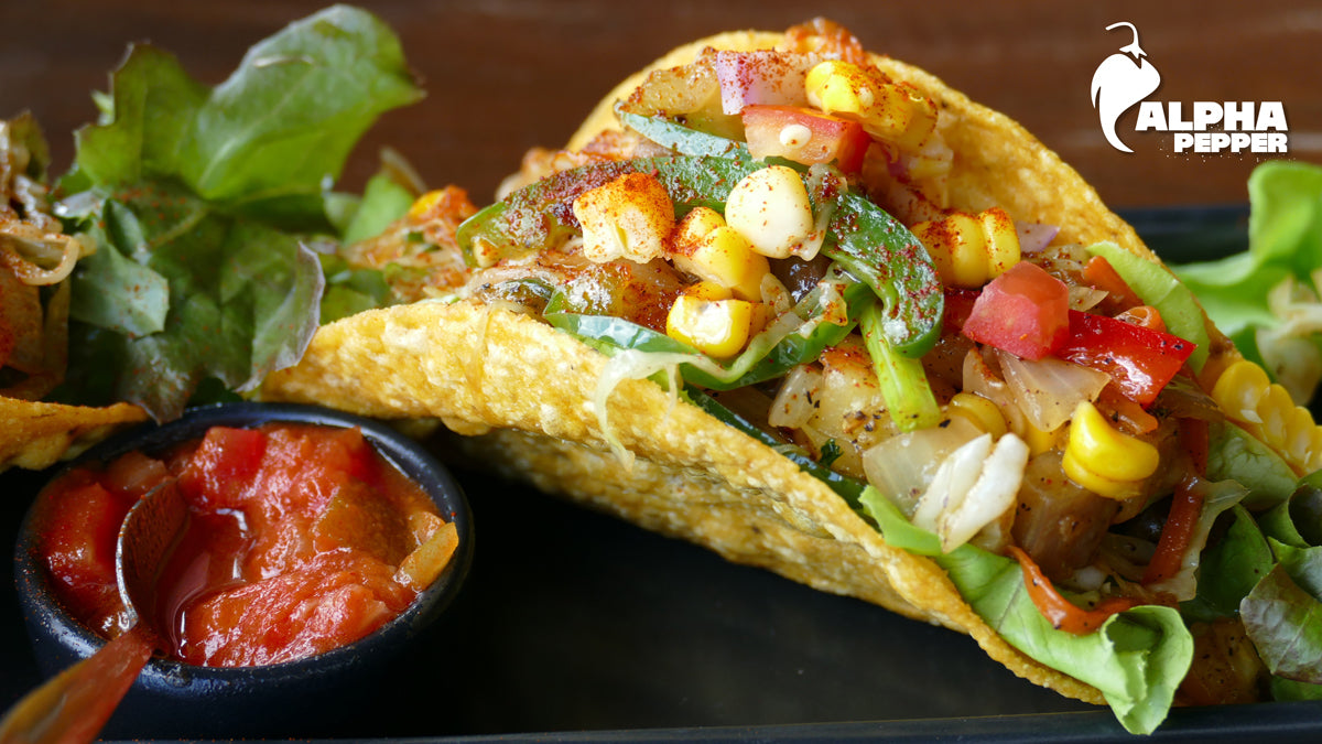 Alpha Pepper sprinkled over a fish taco
