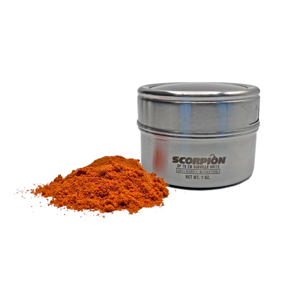 Alpha Pepper Scorpion Pepper Powder outside of Tin